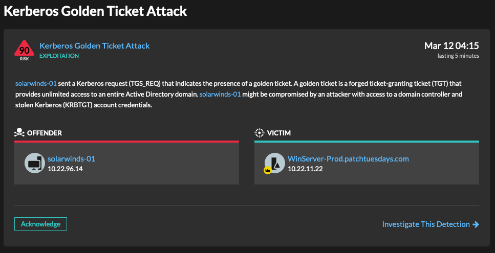 A Kerberos golden ticket attack detection in Reveal(x)